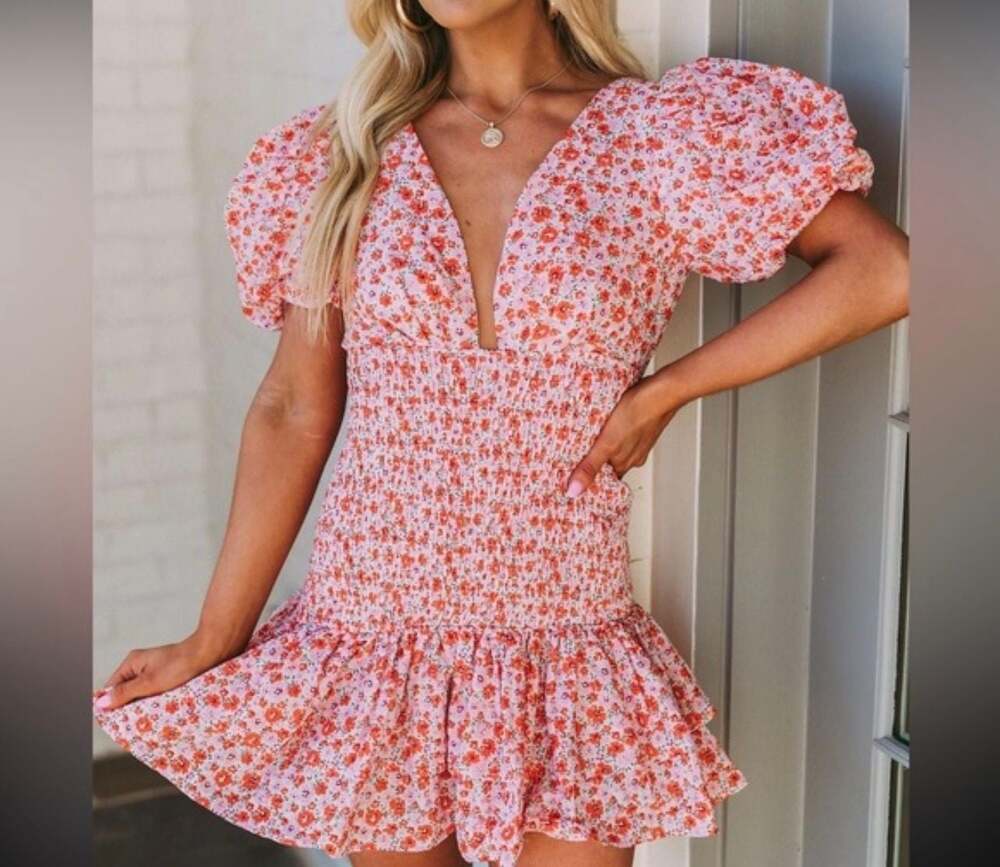 Lena Floral Puff Sleeve Smocked Mini Dress Size M